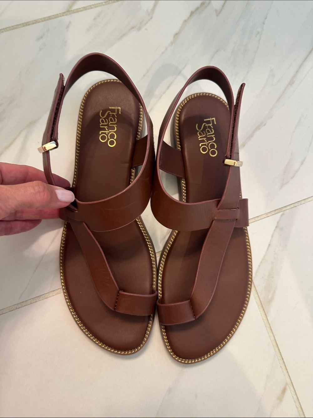 Franco Sarto Chestnut Brown Leather Slingback Sandals with Gold Accent